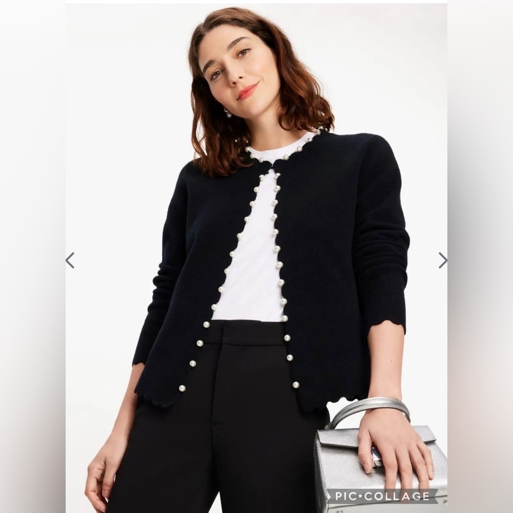 Kate Spade Scalloped Pearl Embellished Open Wool Blend Cardigan Size M